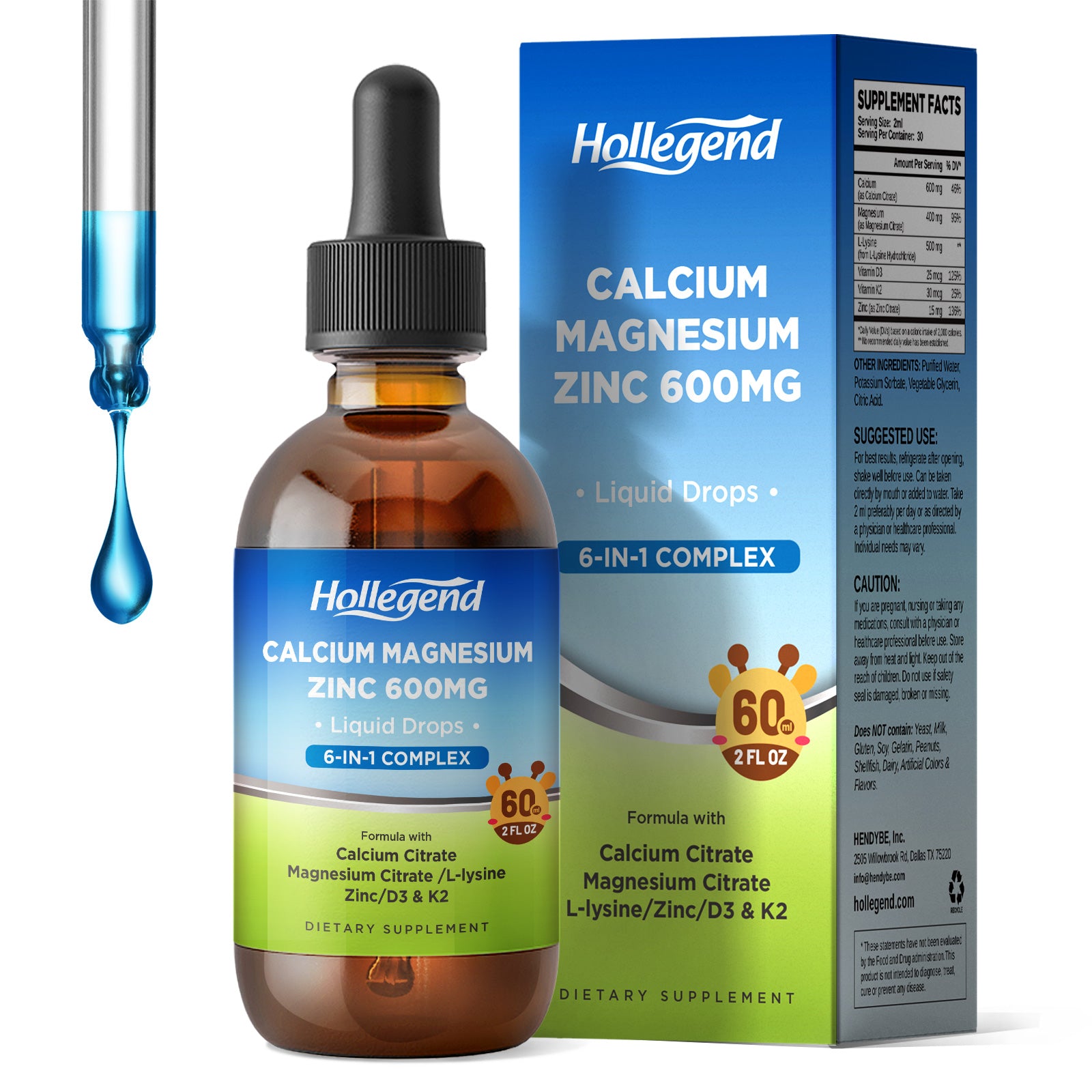 Liquid Calcium Citrate Drops with Magnesium Zinc Plus L-Lysine 600mg